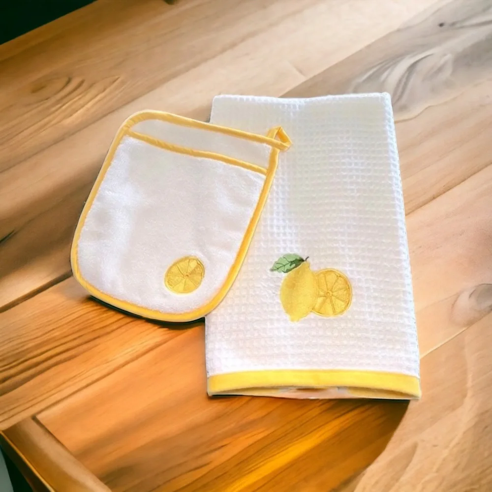 LA PATISSERIE Lemon Kitchen Towel Pot Holder Set Turkish Cotton Waffle White 2Pc